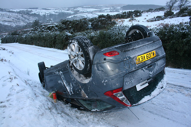 Car slid on hits roof for around 50 metres