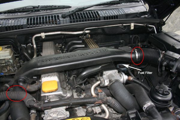 The location of the jubilee clips and fuel filter