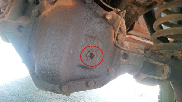 The location of the rear diff filler plug/level check